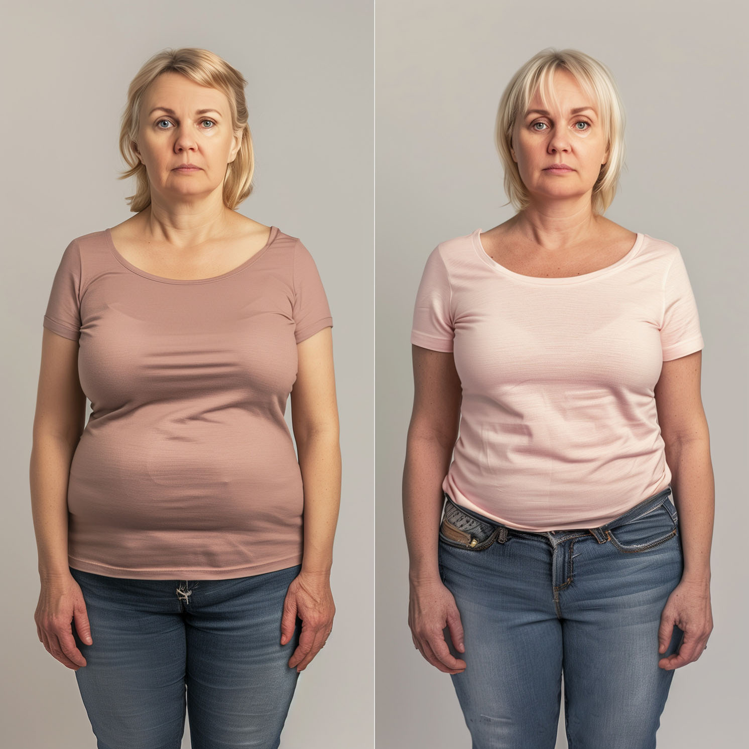 Medical Weight Loss Before and After Before and after medical weight loss results in middle-aged woman.