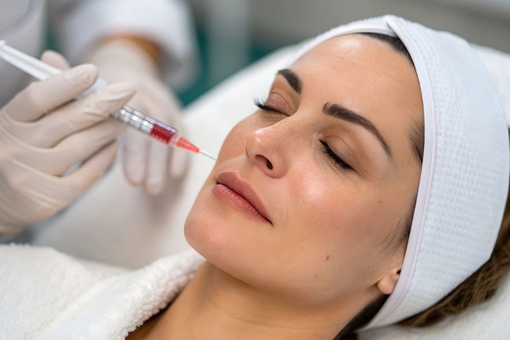 woman receiving cosmetic injection close-up of a woman lying down with eyes closed as a professional administers a facial injection near her cheek