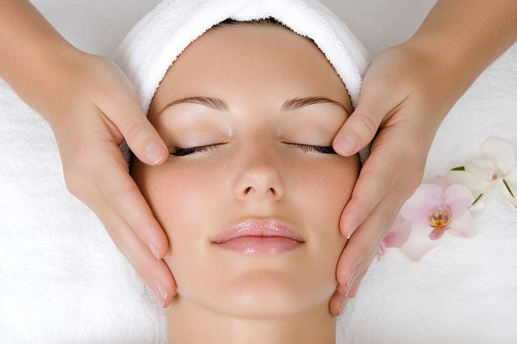 woman receiving spa facial massage woman with a towel wrapped around her head lying down while a person massages her face with both hands
