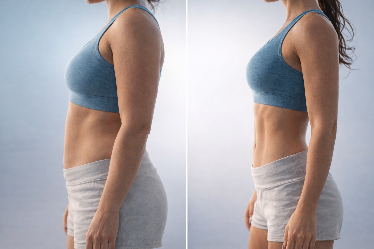 Side-by-side profile views of a person’s torso in athletic clothing, showing visible differences in abdominal muscle definition.