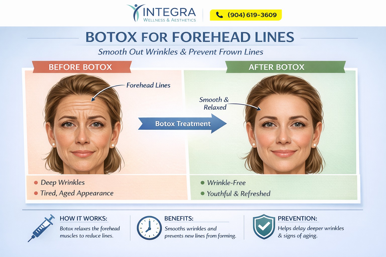 Side-by-side illustration showing a woman’s forehead with visible horizontal lines on the left and fewer visible lines on the right