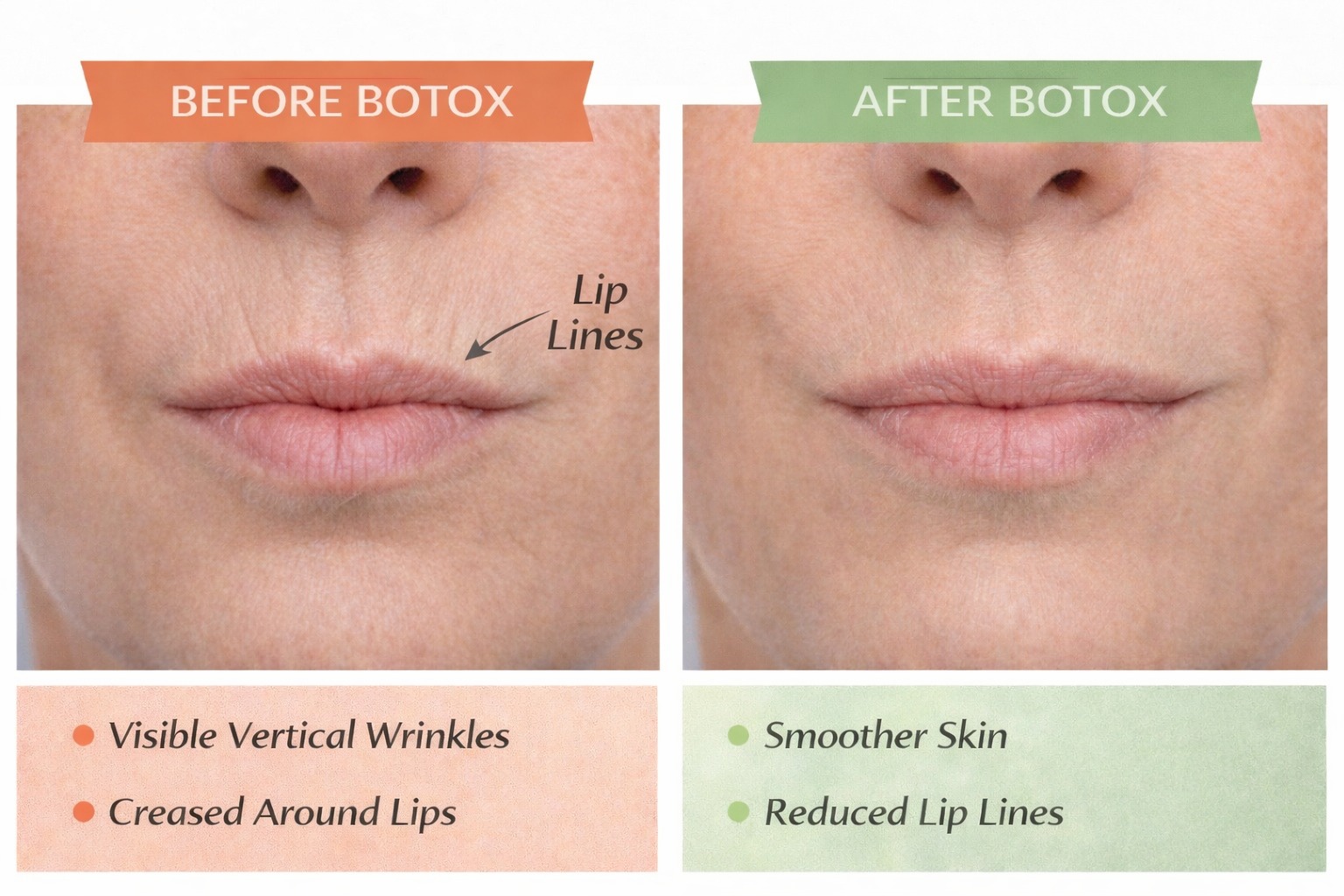 Side-by-side images showing the mouth area with visible vertical lip lines on the left and fewer visible lines on the right