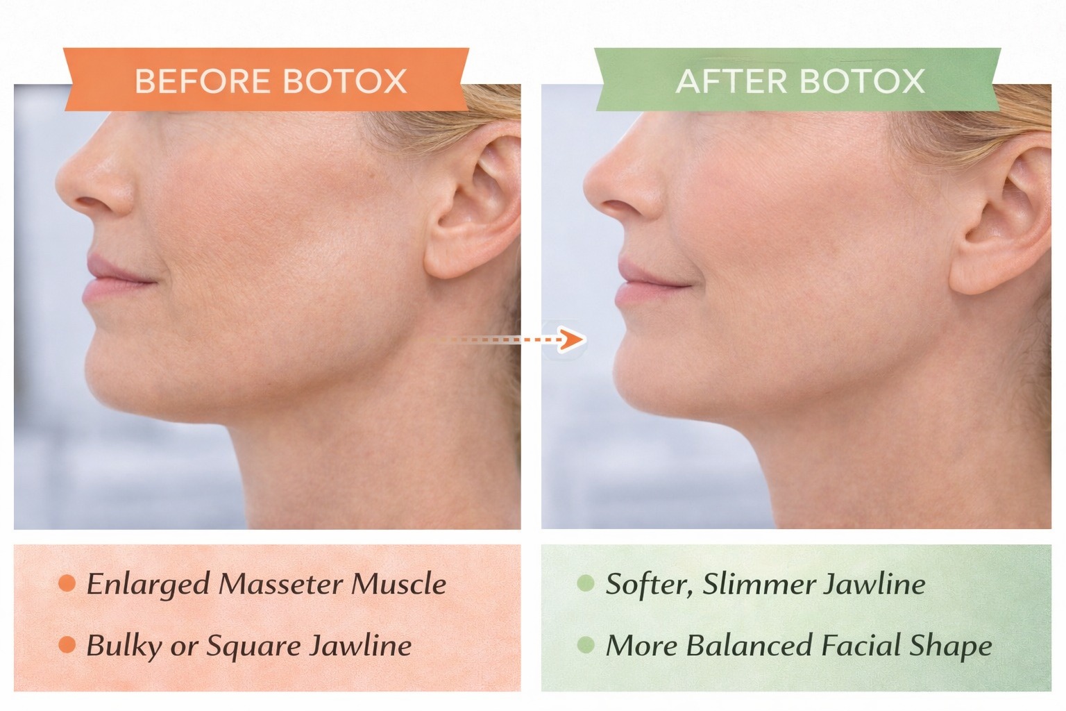 Side-by-side profile images showing a jawline with a bulkier lower face on the left and a slimmer jaw contour on the right