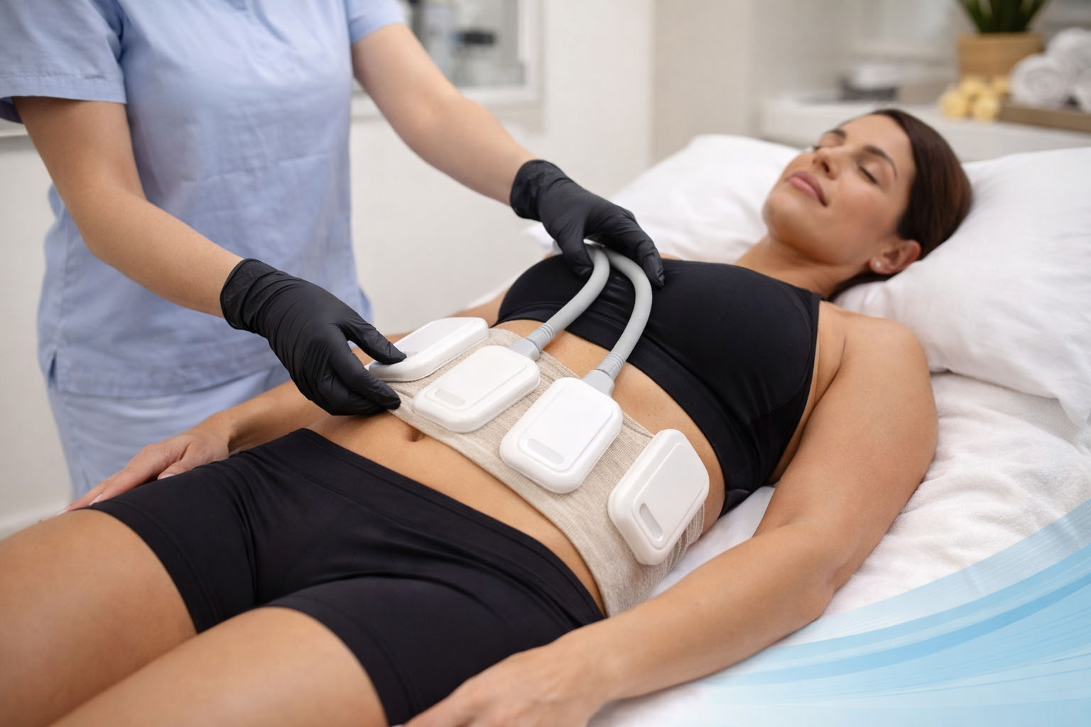 Clinician placing truSculpt Id applicators on a woman’s abdomen while she lies on a treatment bed