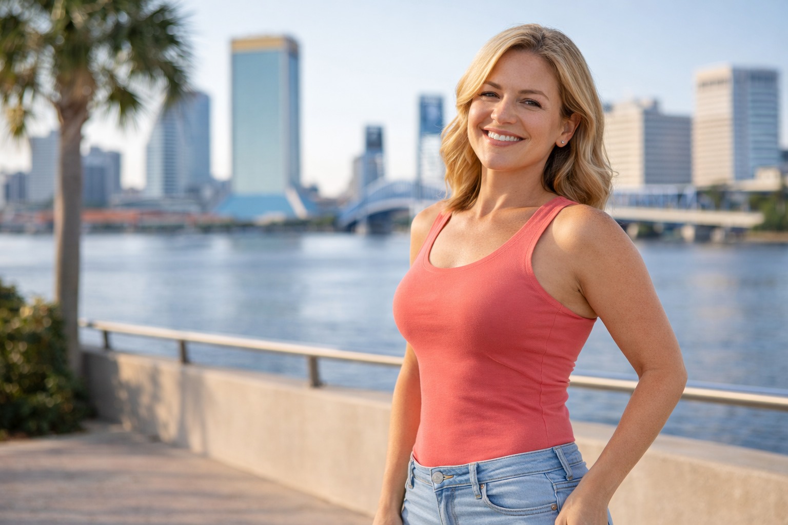 Woman standing outdoors near a river with a city skyline in the background, wearing a sleeveless top and jeans.